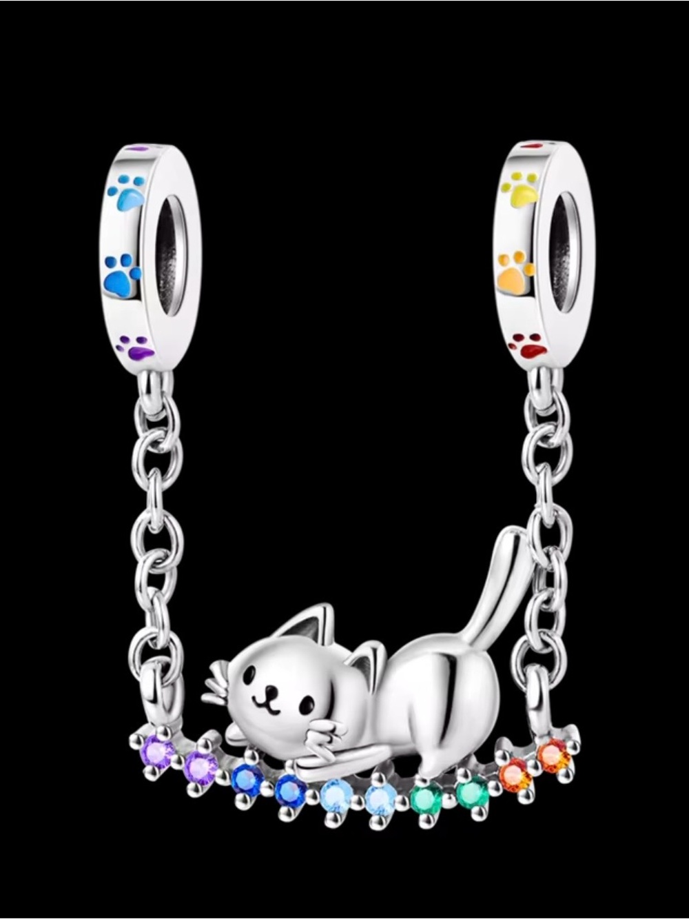 S925 Cat Safety Chain Charm with Rainbow Accents